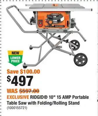Home Depot EXCLUSIVE RIDGID 10 15 AMP Portable Table Saw with Folding/Rolling Stand offer