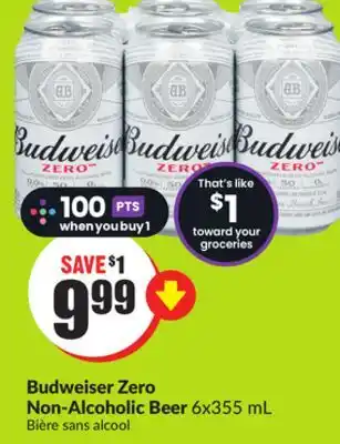 FreshCo Budweiser Zero Non-Alcoholic Beer 6x355 mL offer