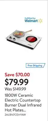 Walmart 1800W Ceramic Electric Countertop Burner Dual Infrared Hot Plates Cooktop Stainless Steel Cooker with Adjustable Temperature offer
