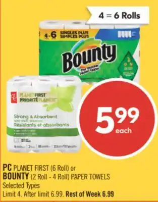 Shoppers Drug Mart PC PLANET FIRST (6 Roll) or BOUNTY (2 Roll - 4 Roll) PAPER TOWELS offer