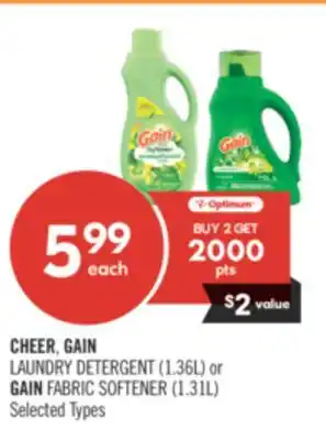 Shoppers Drug Mart CHEER, GAIN LAUNDRY DETERGENT (1.36L) or GAIN FABRIC SOFTENER (1.31L) offer