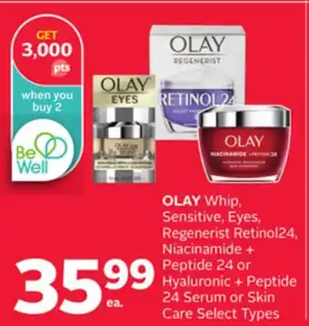 Rexall OLAY Whip, Sensitive, Eyes, Regenerist Retinol24, Niacinamide + Peptide 24 or Hyaluronic + Peptide 24 Serum or Skin Care offer