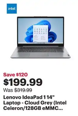 Best Buy Lenovo IdeaPad 1 14 Laptop - Cloud Grey (Intel Celeron/128GB eMMC SSD/4GB RAM) offer