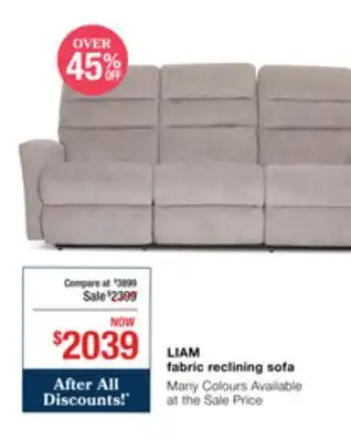 La Z Boy LIAM fabric reclining sofa offer