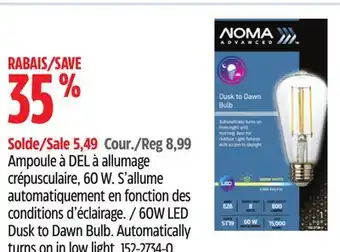 Canadian Tire NOMA 60W LED Dusk to Dawn Bulb Automatically turns on in low light offer