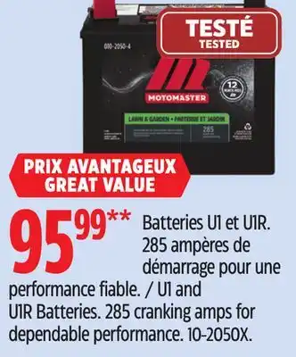 Canadian Tire MOTOMASTER U1 and U1R Batteries offer