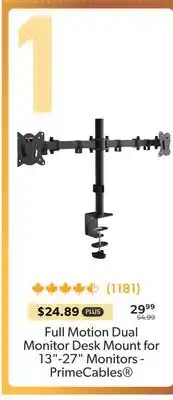 Shopper+ Full Motion Dual Monitor Desk Mount for 13-27 Monitors - PrimeCables offer