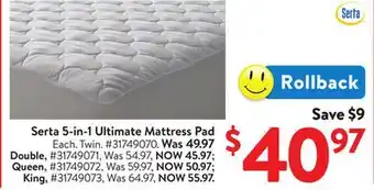 Walmart Serta 5-in 1 Ultimate Mattress Pad offer