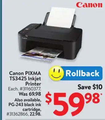 Walmart Canon PIXMA TS3425 Inkjet Printer offer