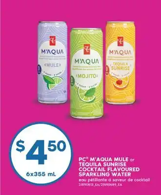 No Frills PC M'AQUA MULE or TEQUILA SUNRISE COCKTAIL FLAVOURED SPARKLING WATER, 6x355 mL offer