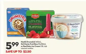 Longo's Drumstick 140mL, Fruit Bars 10x50mL or Real Dairy Ice Cream 1.5L tub offer