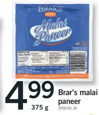 Fortinos Brar's malai paneer, 375 g offer