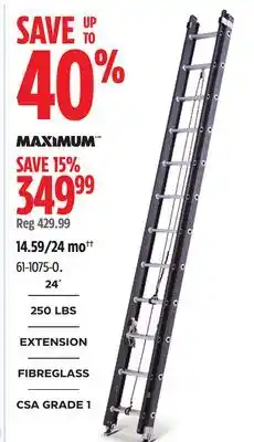 Canadian Tire MAXIMUM Grade 1 Fiberglass Extension Ladder, 250-lb, 24-ft offer