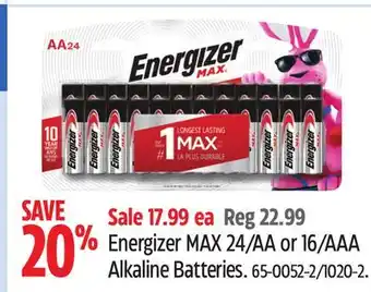 Canadian Tire Energizer MAX 24/AA or 16/AAA Alkaline Batteries offer