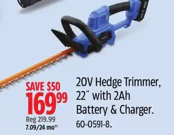 Canadian Tire Mastercraft 20V Hedge Trimmer, 22 with 2Ah Battery & Charger offer