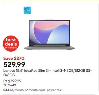 Staples Lenovo 15.6 IdeaPad Slim 3i - Intel i3-N305/512GB SSD/8GB RAM/Windows 11 offer