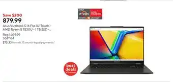 Staples Asus Vivobook S 16 Flip 16 Touch - AMD Ryzen 5 7530U - 1 TB SSD - 16 GB RAM - Windows 11 Home - Black offer