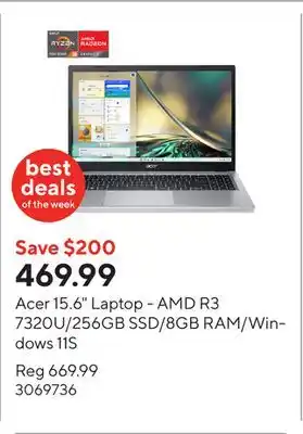 Staples Acer 15.6 Laptop - AMD R3 7320U/256GB SSD/8GB RAM/Windows 11S offer