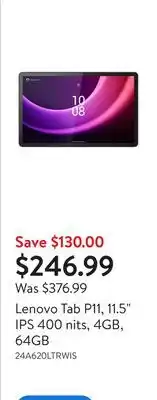 Walmart Lenovo Tab P11, 11.5 IPS 400 nits, 4GB, 64GB offer