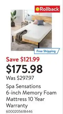 Walmart Spa Sensations 6-inch Memory Foam Mattress 10 Year Warranty offer