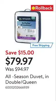 Walmart All -Season Duvet, in Double/Queen offer