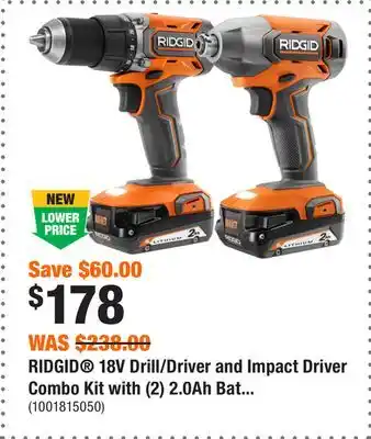 Home Depot RIDGID 18V Drill/Driver and Impact Driver Combo Kit with (2) 2.0Ah Batteries and (1) Charger offer