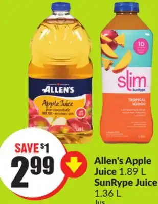 FreshCo Allen's Apple Juice 1.89 L SunRype Juice 1.36 L offer
