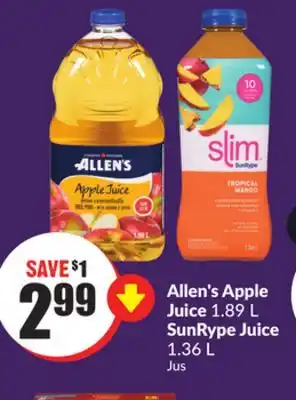 Chalo FreshCo Allen's Apple Juice 1.89 L SunRype Juice 1.36 L offer
