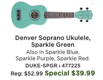 Long & McQuade Denver Soprano Ukulele - Sparkle Green offer
