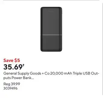 Staples General Supply Goods + Co 20,000 mAh Triple USB Outputs Power Bank - Black offer