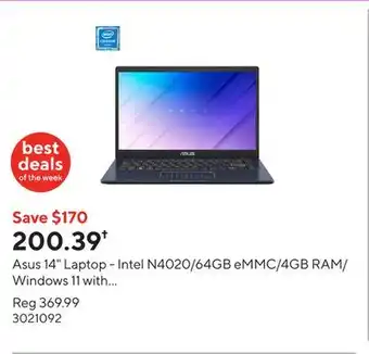 Staples Asus 14 Laptop - Intel N4020/64GB eMMC/4GB RAM/Windows 11 with 1-year of Microsoft 365 offer