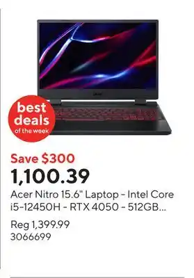 Staples Acer Nitro 15.6 Laptop - Intel Core i5-12450H - RTX 4050 - 512GB SSD - 16GB RAM - Windows 11 - Black offer