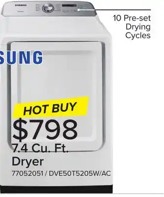 Leon's Samsung White Electric Dryer with Sensor Dry (7.4 Cu.Ft) - DVE50T5205W/AC offer