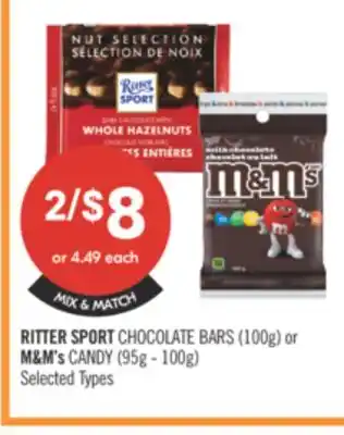 Shoppers Drug Mart RITTER SPORT CHOCOLATE BARS (100g) OR M&M's CANDY (95g - 100g) offer