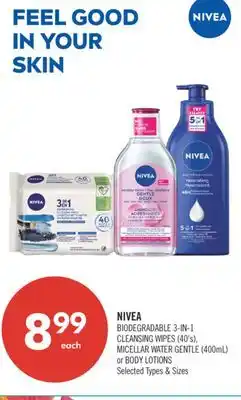 Shoppers Drug Mart NIVEA BIODEGRADABLE 3-IN-1 CLEANSING WIPES (40's) MICELLAR WATER GENTLE (400ml) offer