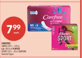 Shoppers Drug Mart CAREFREE LINERS (93's - 120's), o.b. (40's) or PLAYTEX SPORT (32's - 36's) TAMPONS offer