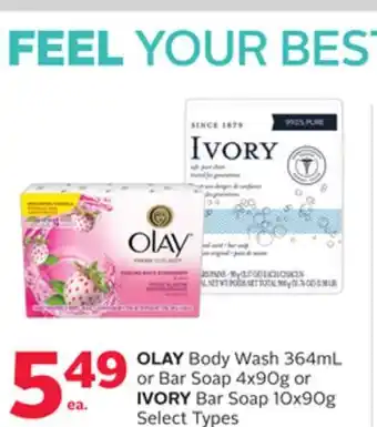 Rexall OLAY Body Wash 364mL or Bar Soap 4x90g or IVORY Bar Soap 10x90g offer