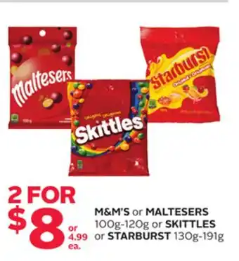 Rexall M & M' S or MALTESERS 100g-120g or SKITTLES or STARBURST 130g-191g offer