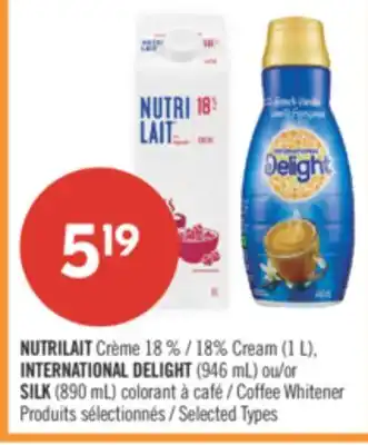 Pharmaprix NUTRILAIT 18% Cream (1 L), INTERNATIONAL DELIGHT (946 mL) or SILK (890 mL) Coffee Whitener offer