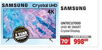 2001 Audio Video SAMSUNG 70 UHD 4K SMART Crystal Display TV offer
