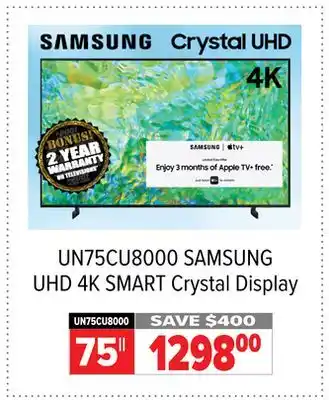 2001 Audio Video SAMSUNG 75 UHD 4K SMART Crystal Display TV offer