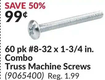 Princess Auto 60 pk #8-32 x 1-3/4 in. Combo Truss Machine Screws offer
