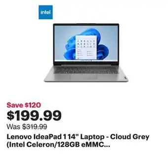 Best Buy Lenovo IdeaPad 1 14 Laptop - Cloud Grey (Intel Celeron/128GB eMMC SSD/4GB RAM) offer