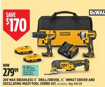 Canadian Tire DEWALT 20V MAX BRUSHLESS 1⁄2˝ DRILL/DRIVER, 1⁄4˝ IMPACT DRIVER AND OSCILLATING MULTI-TOOL COMBO KIT offer