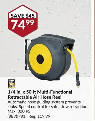 Princess Auto Power Fist 1/4 in. x 50 ft Multi-Functional Retractable Air Hose Reel offer