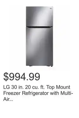 Costco LG 30 in. 20 cu. ft. Top Mount Freezer Refrigerator with Multi-Air Flow Cooling offer