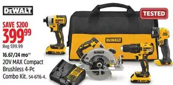 Canadian Tire DEWALT 20V MAX Compact Brushless 4-Pc Combo Kit offer