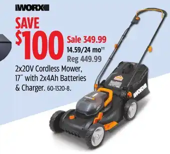 Canadian Tire Worx 2X20V Cordless Mower, 17 with 2x4Ah Batteries & Charger offer