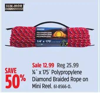 Canadian Tire Ben-Mor 1⁄4˝ x 175´ Polypropylene Diamond Braided Rope on Mini Reel offer