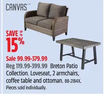 Canadian Tire CANVAS Breton Patio Collection Loveseat 2 armchairs coffee table and ottoman offer